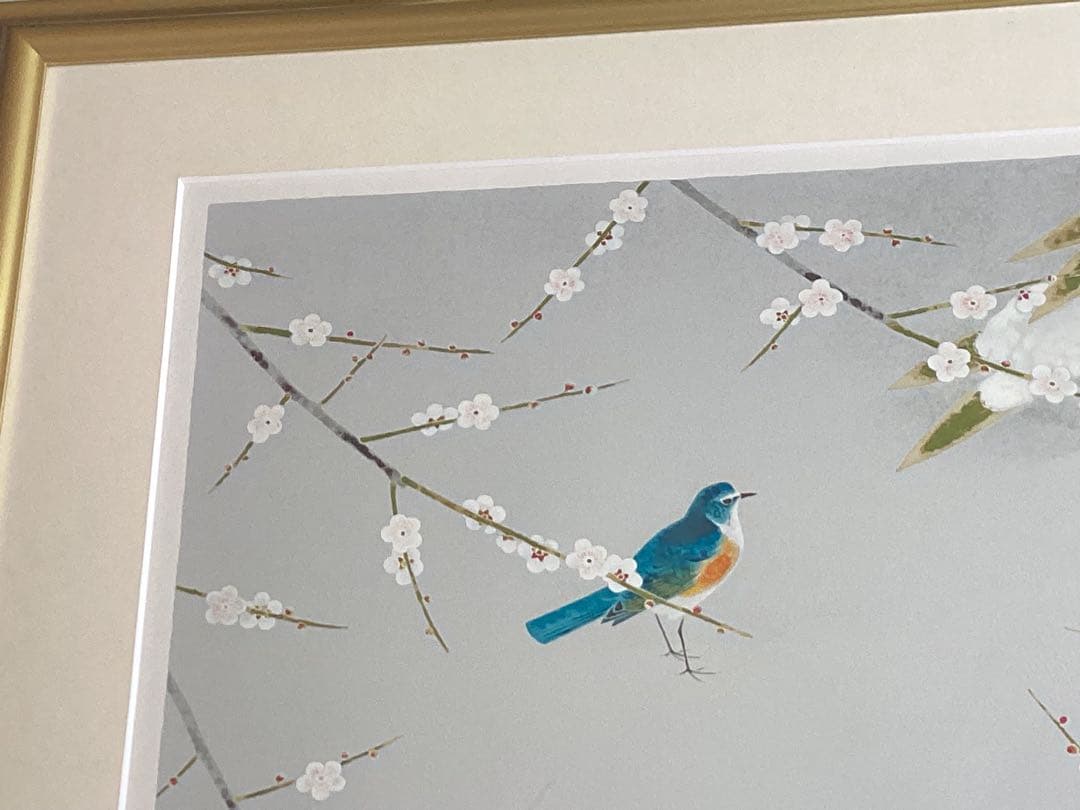 上村淳之　版画　「雪中小禽」直筆サイン・エディション　美品　日本画 金色フレーム