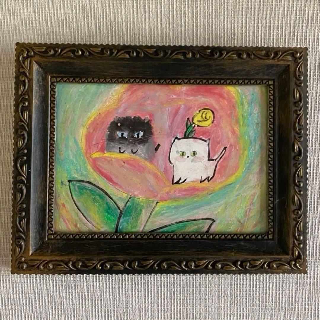 絵画。原画【2匹のかわいい猫がピンクの花の中で花の香りを感じている】