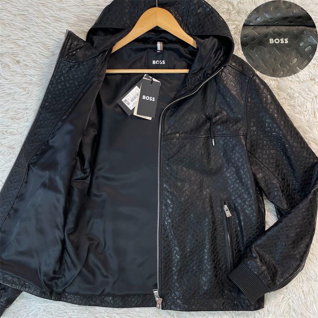 未使用タグ付/XXLサイズ/現行●HUGO BOSS レザージャケット エンボス