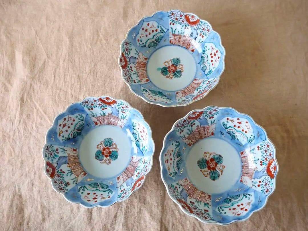 ぴんちゃん 時代伊万里 色絵印判金彩 3羽の鳥 花生垣文 大なます皿 3客