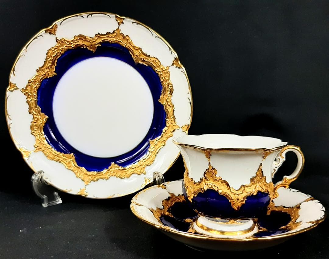 24金マイセングランツゴールドBフォーム紺カップ＆ソーサ＆プレート美品1級品 ヘ