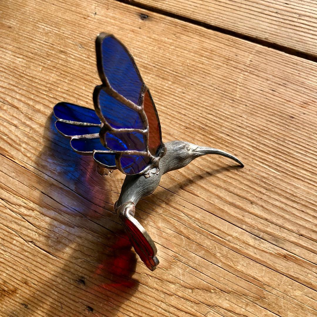 ヴィンテージ　ハチドリ　ハミングバード　アメリカ製　ステンドグラス　モビール　青