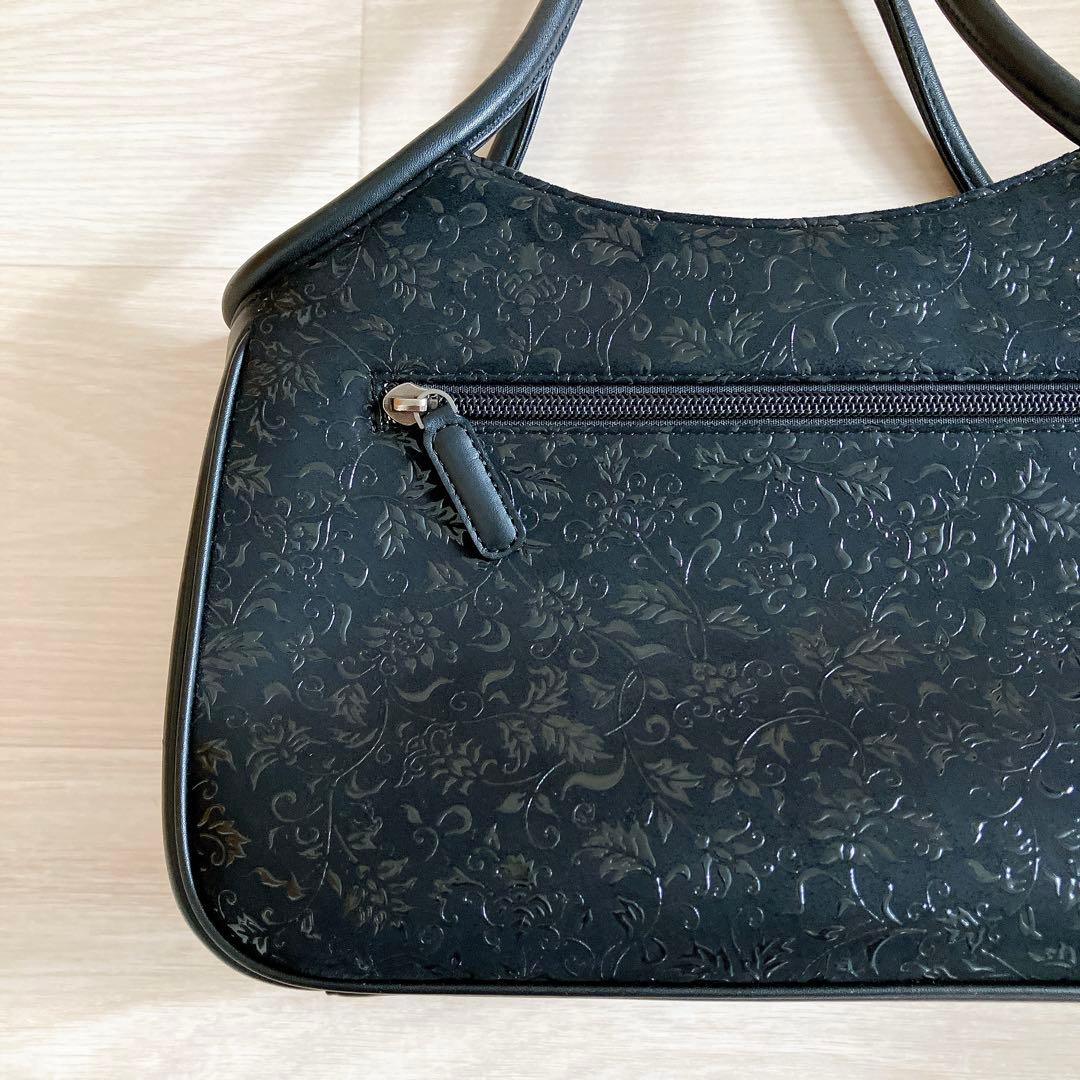 印傳屋 ハンドバッグ 黒漆 レザー 鹿革 花唐草 模様 和装 着物 甲州印伝