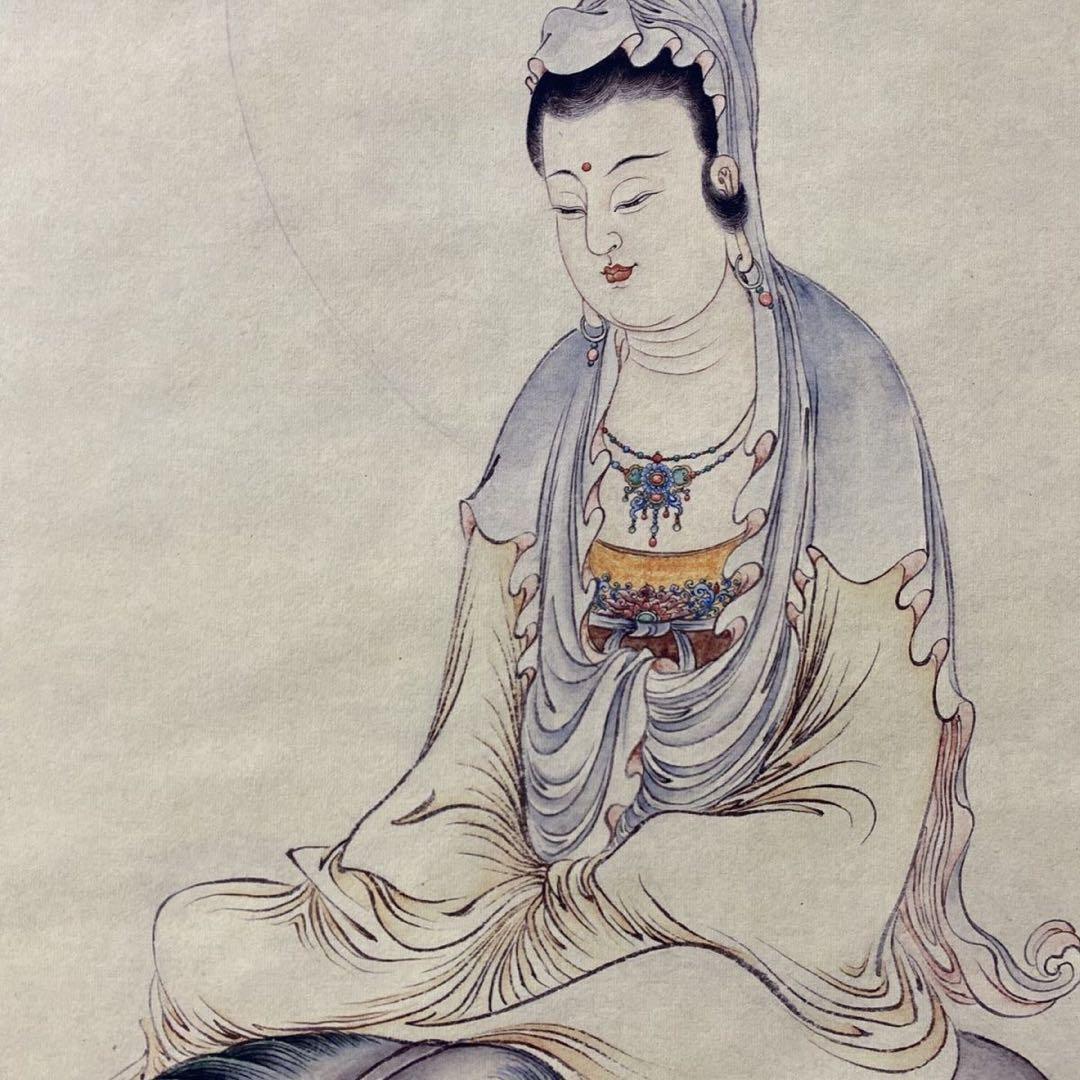 四尺 中堂 文殊菩薩図 清代 冷枚 宣紙 掛け軸 中国画 仏画 証書付き