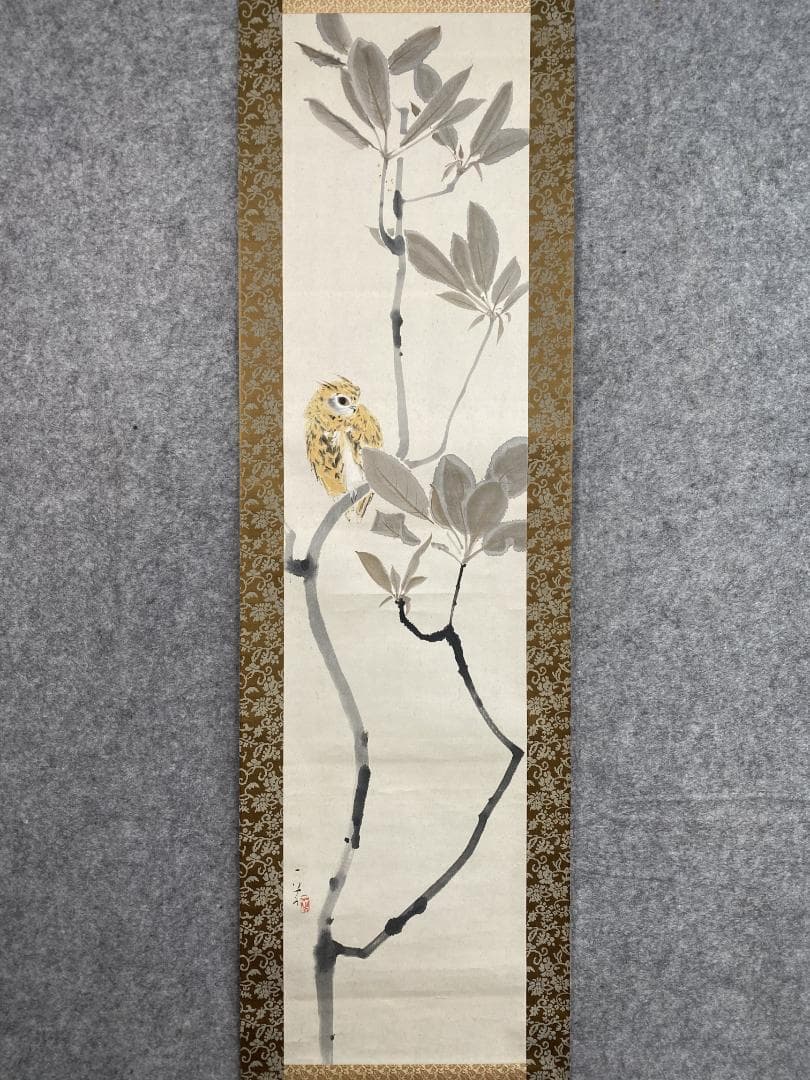 坂口一草 坂口一艸 朴若葉梟図 大阪生 中央美術 日本画院客員 青竜社結成 掛軸