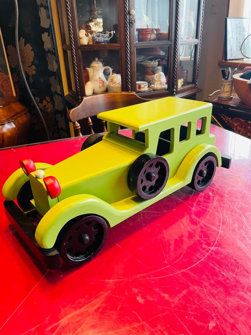 【美品】木製　クラシックカー風　おもちゃ　グリーン　アンティーク