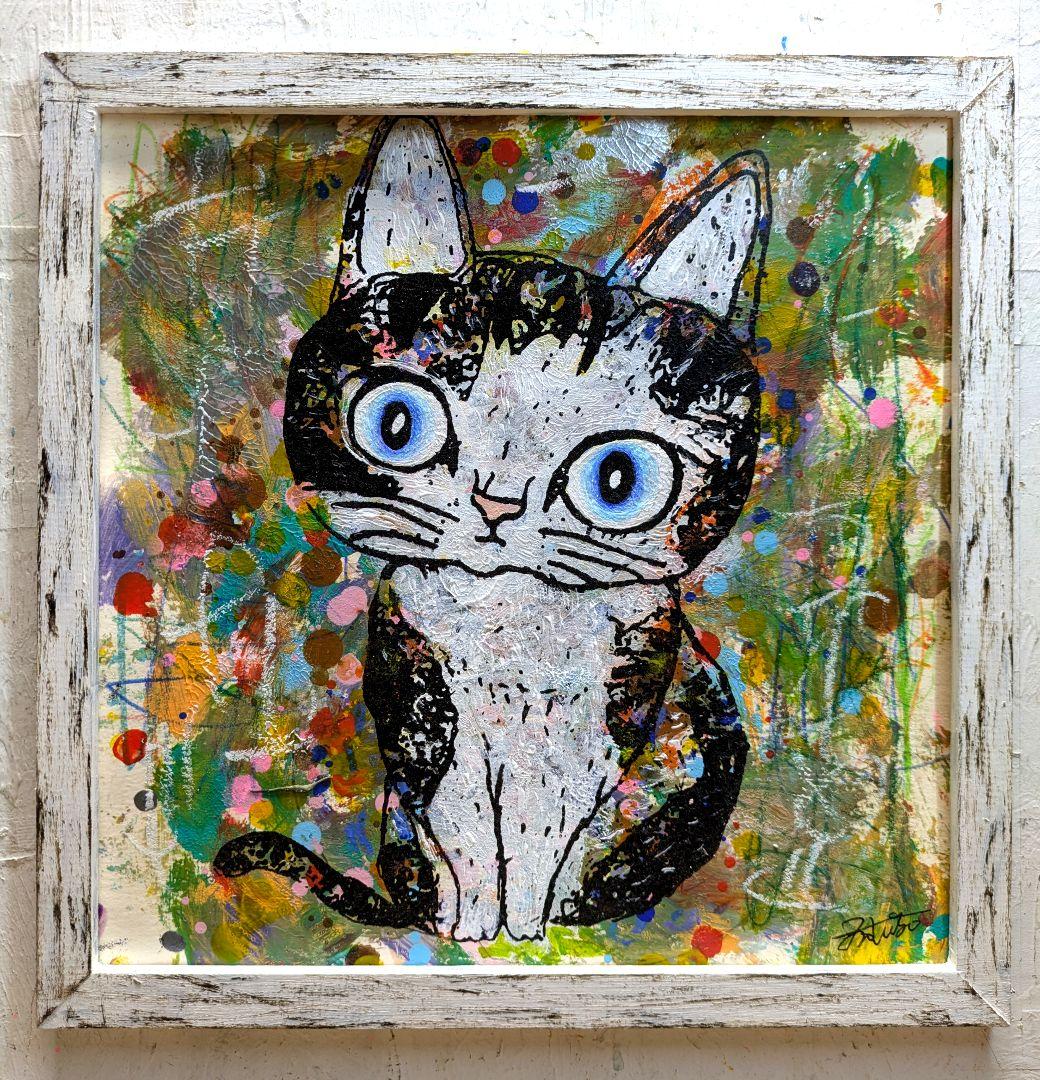 手作り額付き作品　title「ひらめきニャンコ」