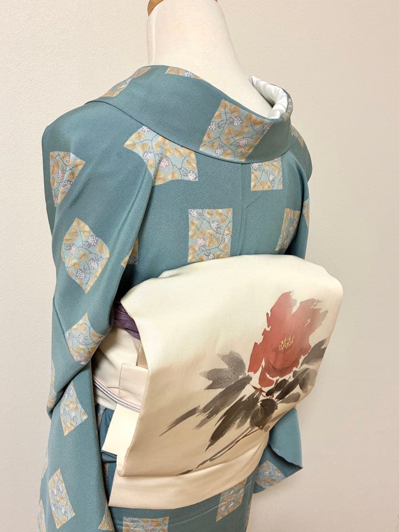 袷　小紋　苺の千代紙　裄70cm 正絹　半衿おまけ付き