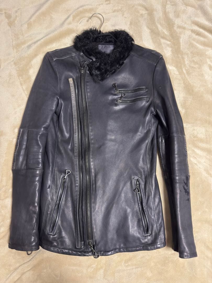 オ*ニ様 CHARMCULT ファー付き ホースレザーシングルライダースジャケッ