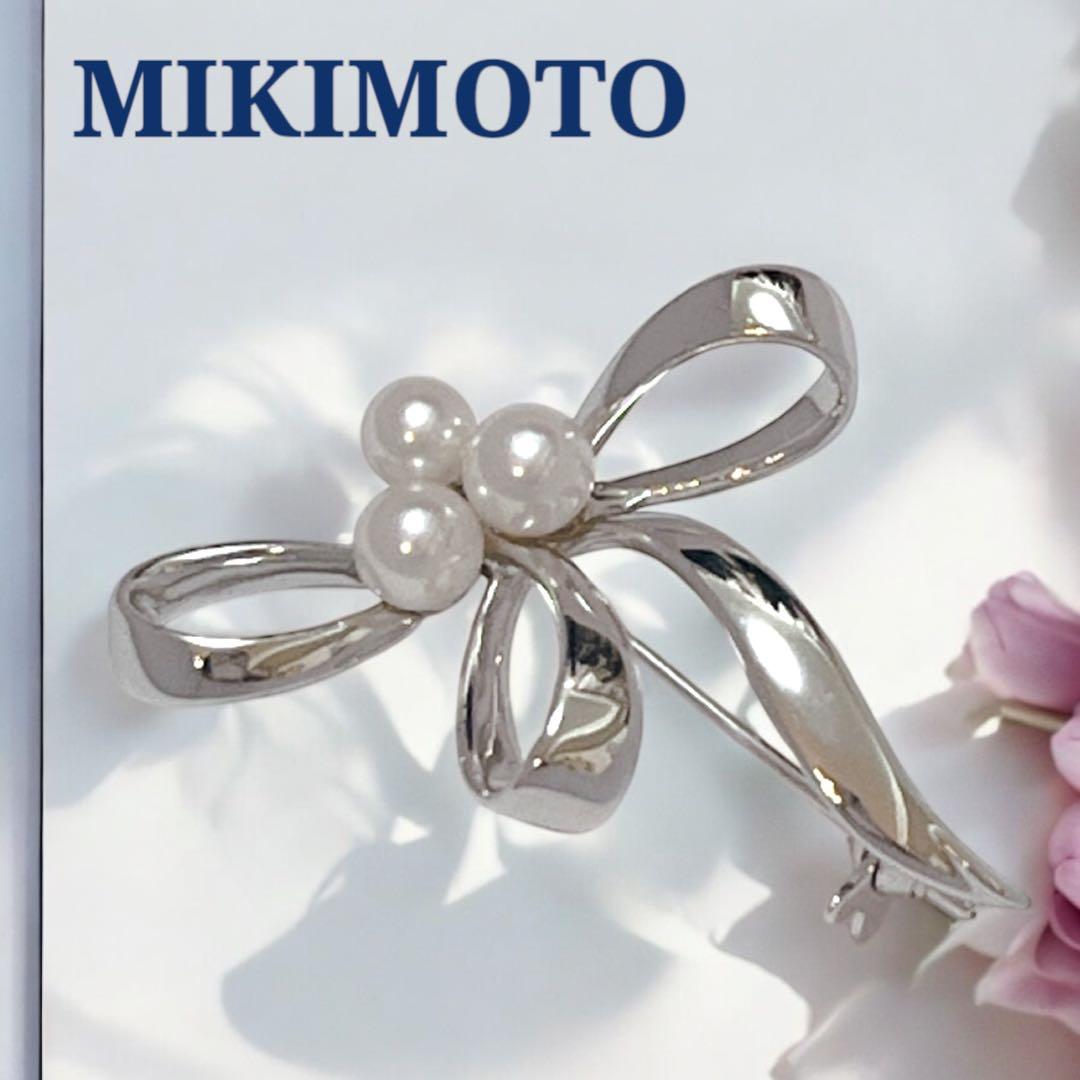 【未使用】MIKIMOTO パールブローチ リボン あこや真珠 刻印あり