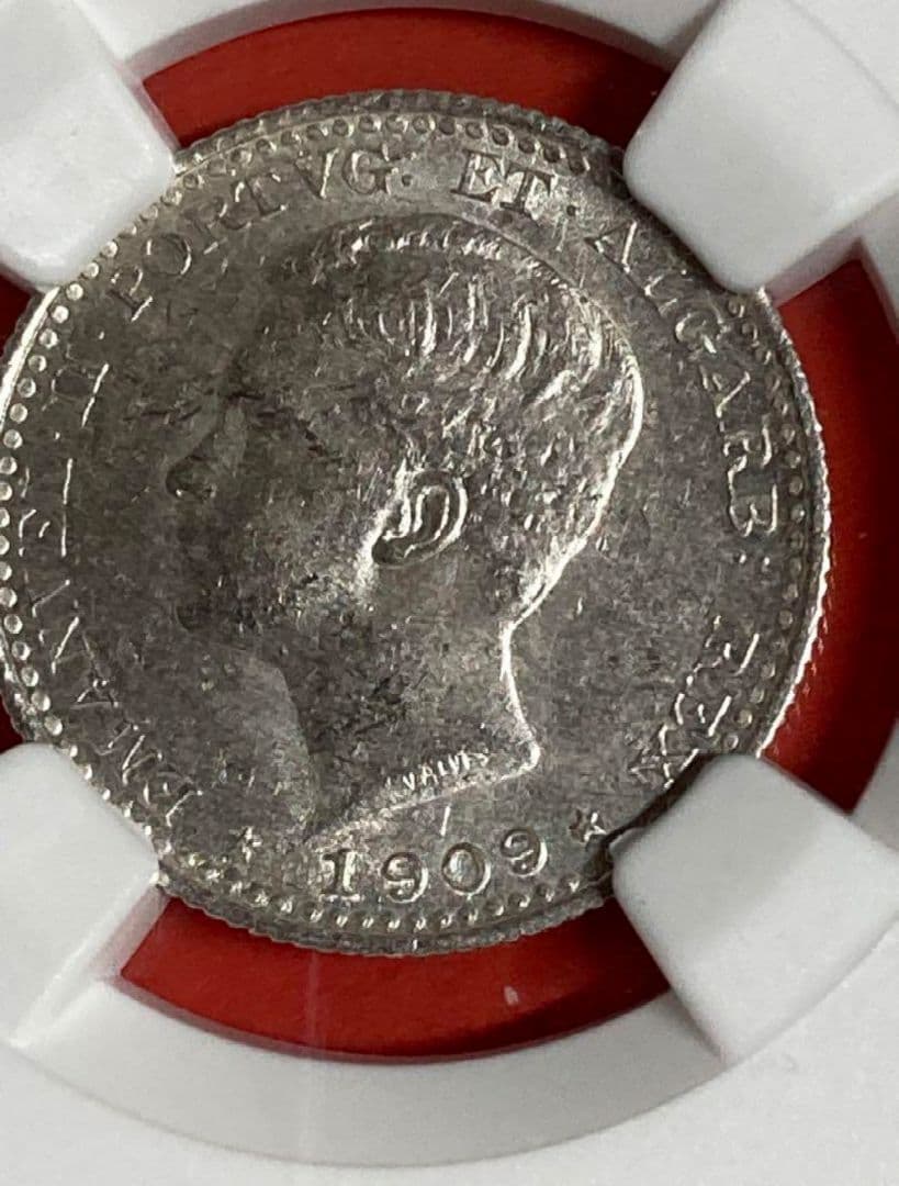 激レア　ポルトガル１００レイス銀貨【マヌエル２世１９０９年】NGC鑑定