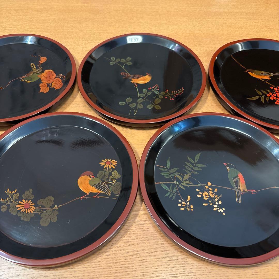 輪島塗 鳥 5枚 別柄 手書き 漆器 昭和初期 新品未使用品