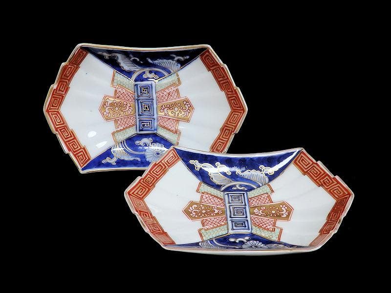 古伊万里　色絵　宝尽くし　熨斗型変形皿　２枚　E348AS-fbji