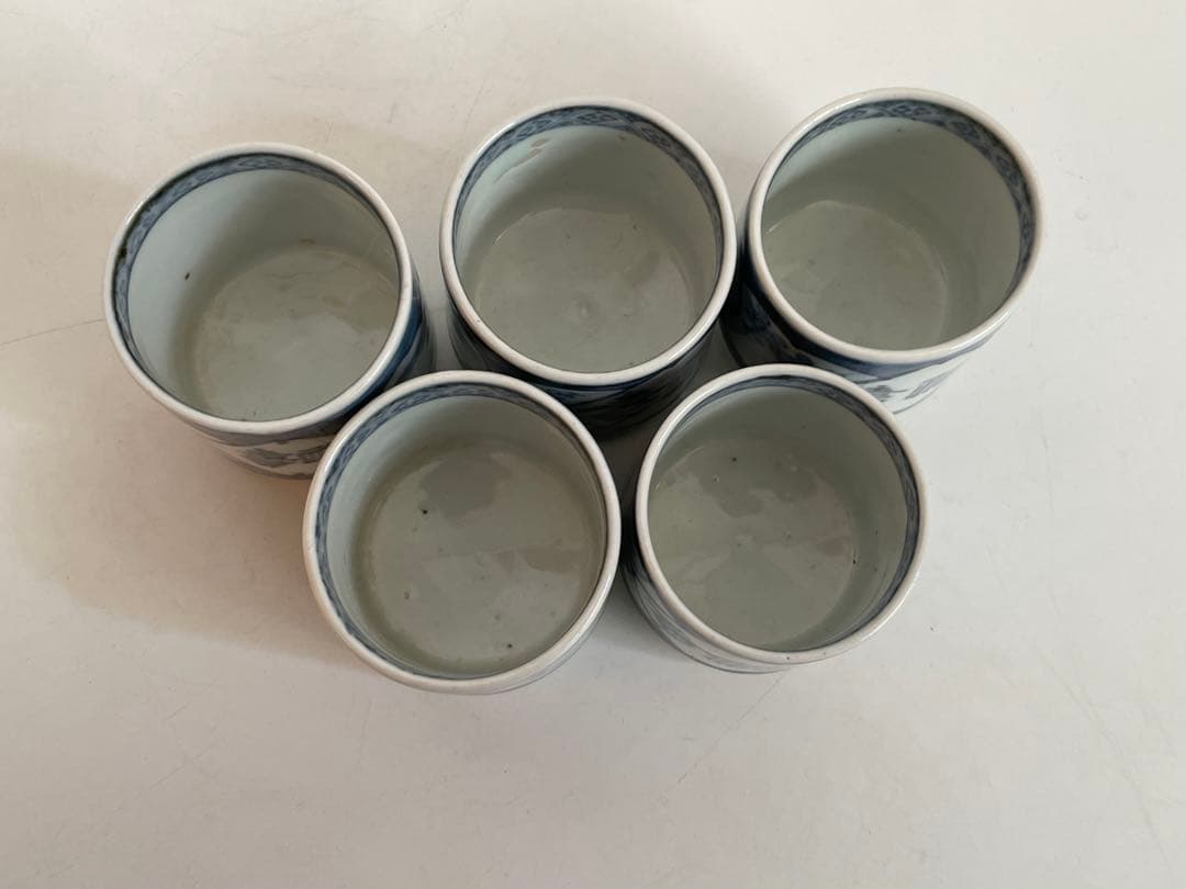 骨董　アンティーク　古伊万里　染付　福寿　梅文　覗き猪口　筒杯　五客