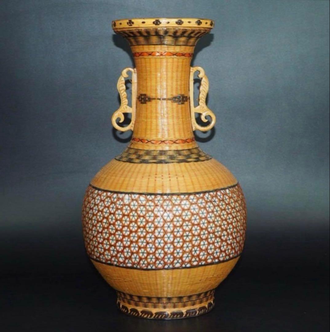 中国古玩　竹細工竹編　大型双耳天球瓶　花瓶。