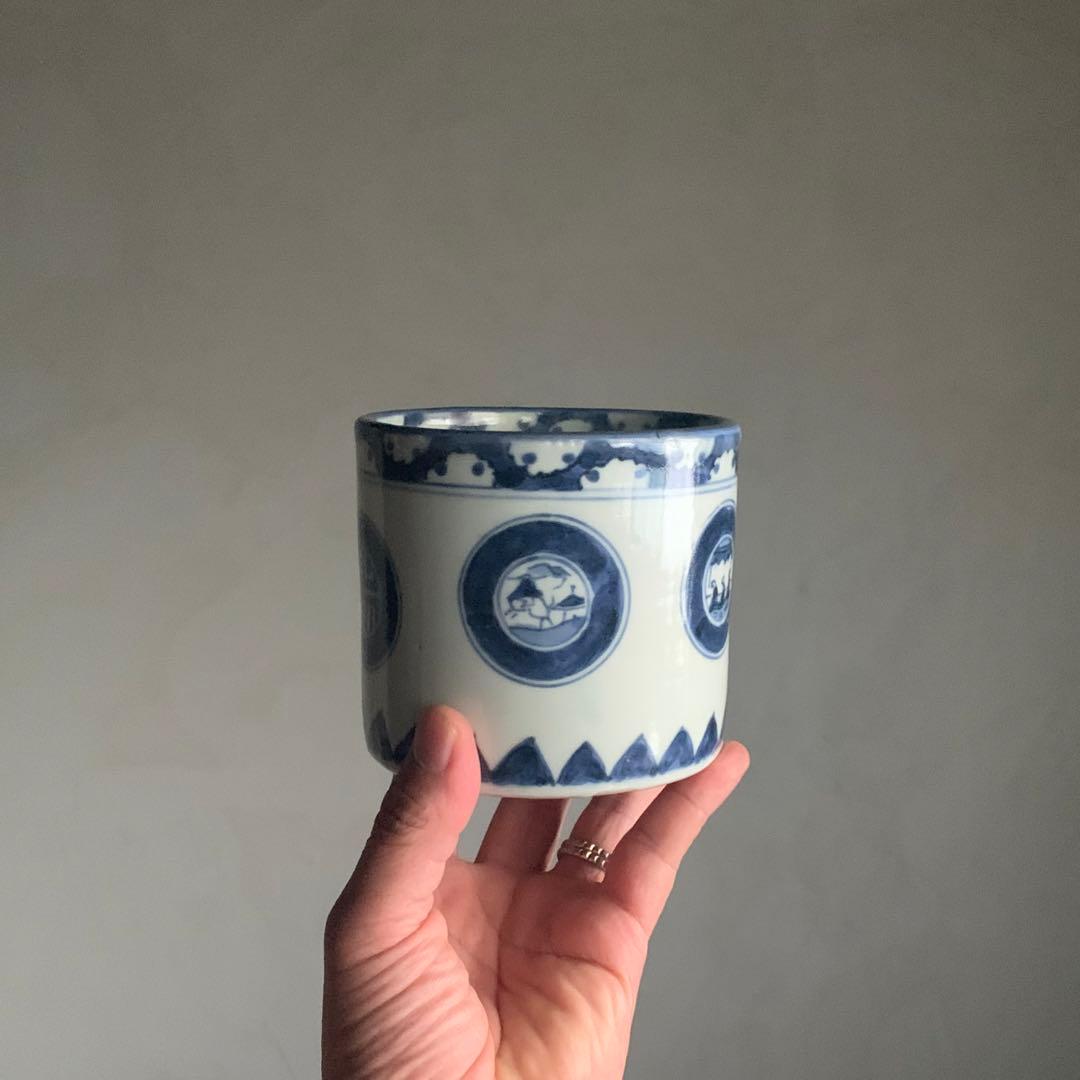 染付 丸文 破れ雪輪 火入れ 筒茶碗 古美術 古道具 アンティーク