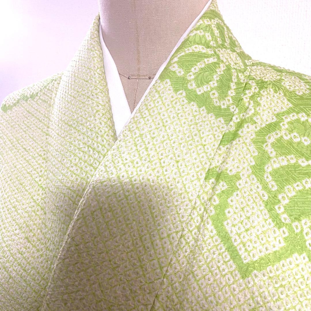 5k502 振袖　正絹　袷　総絞り　中振袖　緑　白　花柄　和装　着物