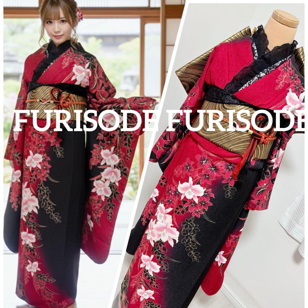 美品　正絹振袖フルセット　銀通し　黒地　花柄　鈴ガード付き　成人式