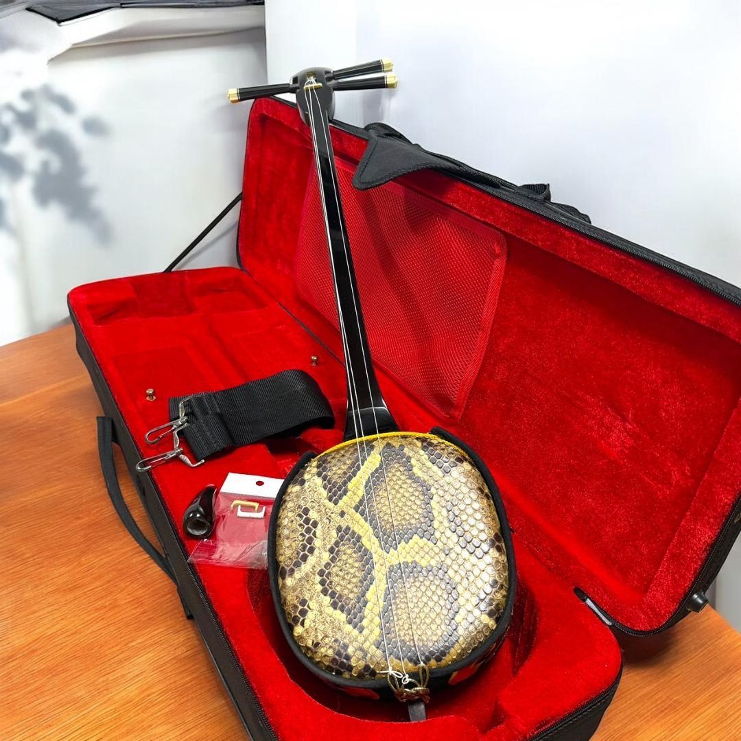 ☆美品 沖縄 琉球 三線 本蛇革 本革 蛇革 本皮 蛇皮 爪 ケース付 伝統楽器