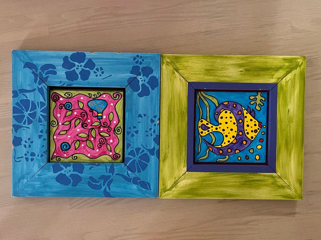 エナメル画　木地の額縁に着色