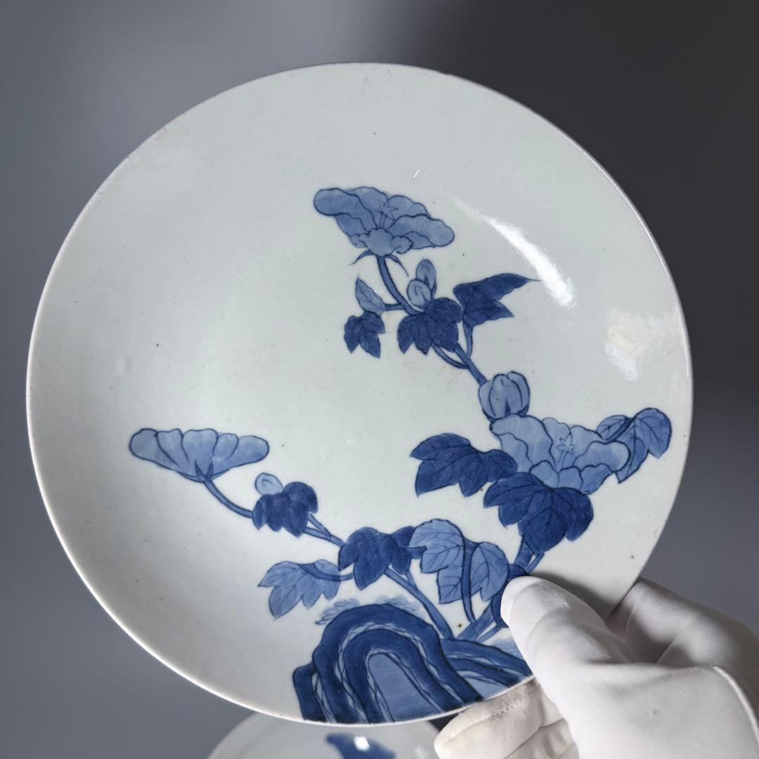 後期鍋島　染付芙蓉文中皿　六客　江戸後期〜明治初期　同手図録掲載品　20.7cm