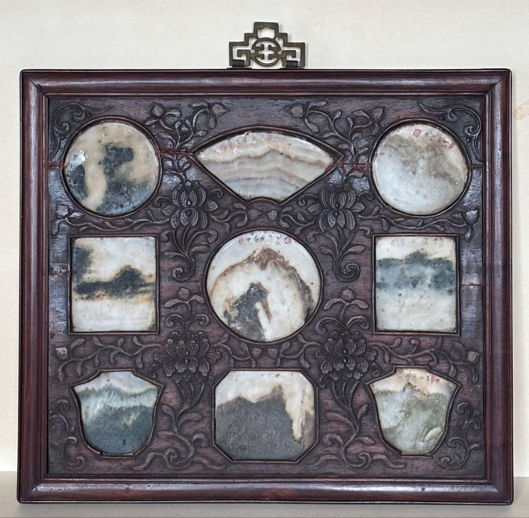 時代　大理石　中国工芸品　山水　漢詩