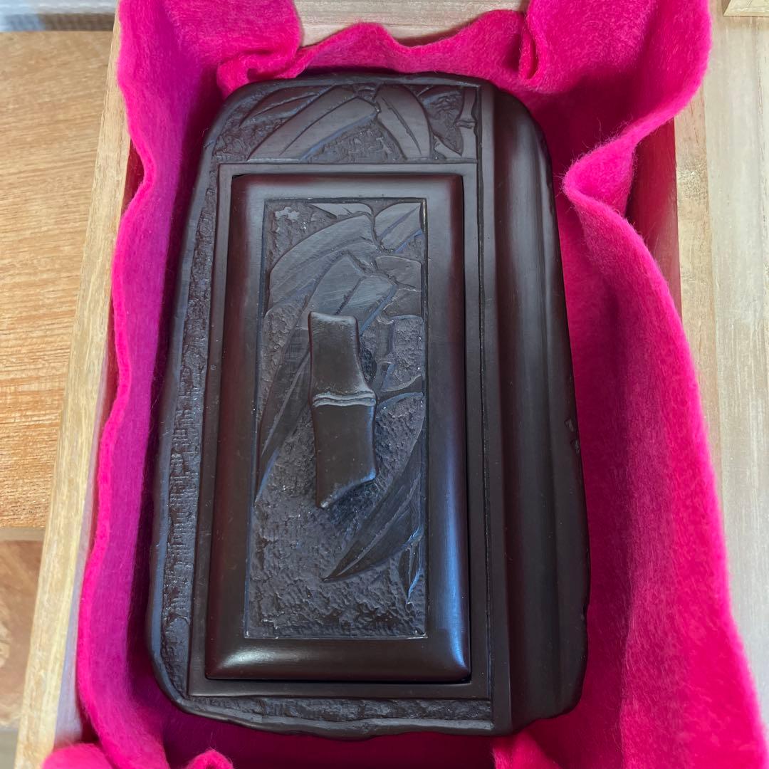 ⭕️赤間硯　彫刻蓋付き硯　木村玉池堂　木村保一　硯匠　華泉作　美品　女性好み