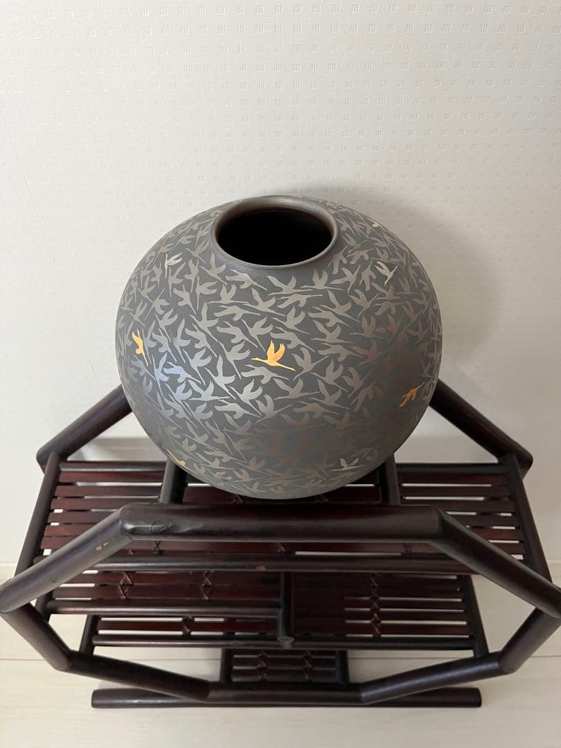 萬古輝彩鶴文壺、醉月窯、陶器、工芸品、古美術、花器、壺、飾り