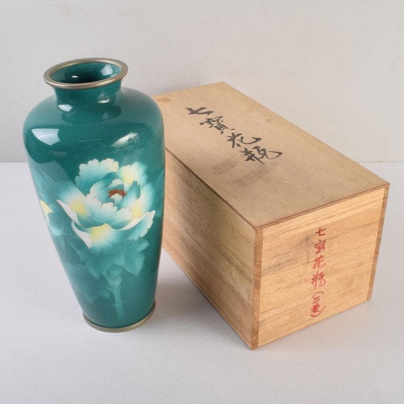 七宝焼　緑釉　花文　花瓶　共箱　V　R9334