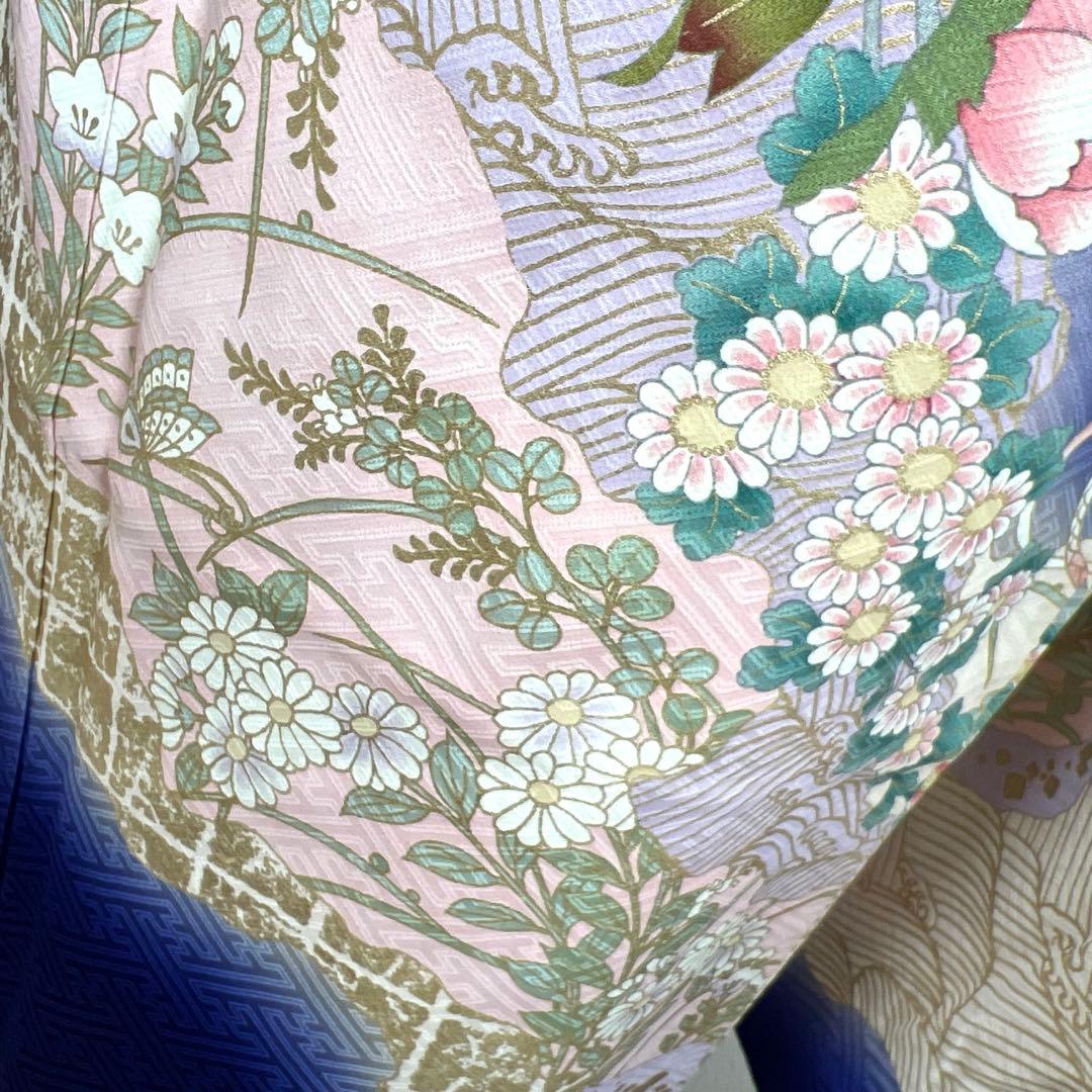 467 振袖フルセット 正絹 濃青 ブルー やまと誂え 金彩 暈し染め 華やか