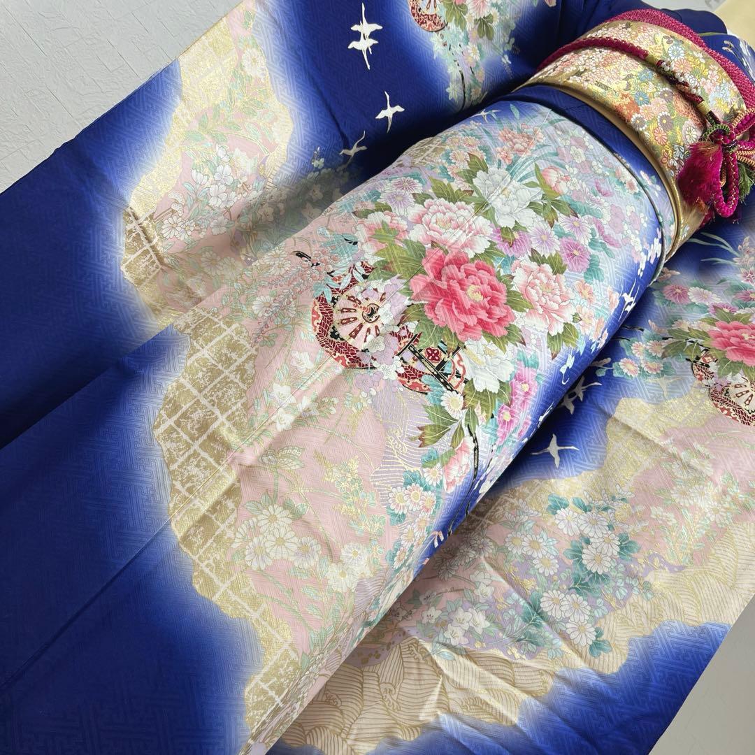 467 振袖フルセット 正絹 濃青 ブルー やまと誂え 金彩 暈し染め 華やか