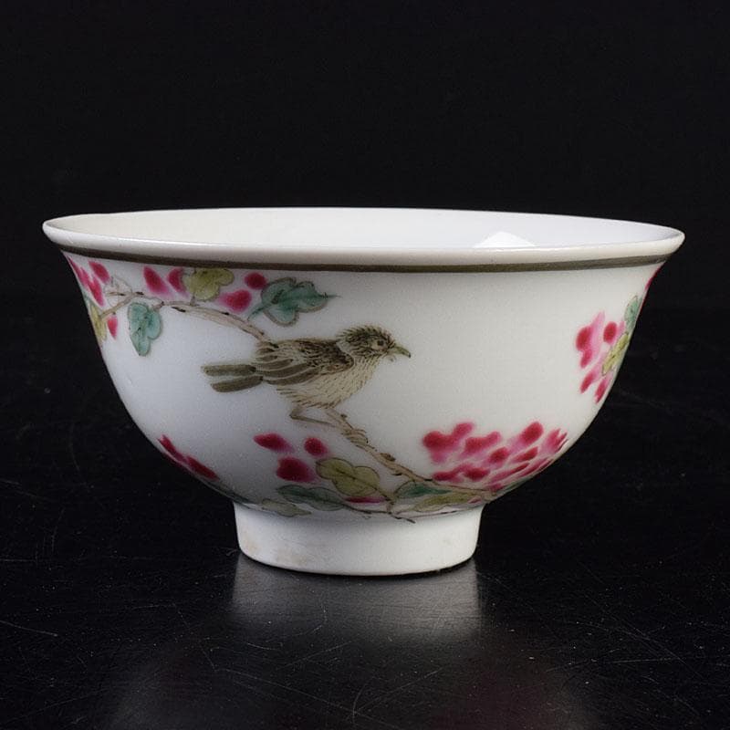 中国　粉彩漢詩花鳥文　煎茶碗　C　R8963