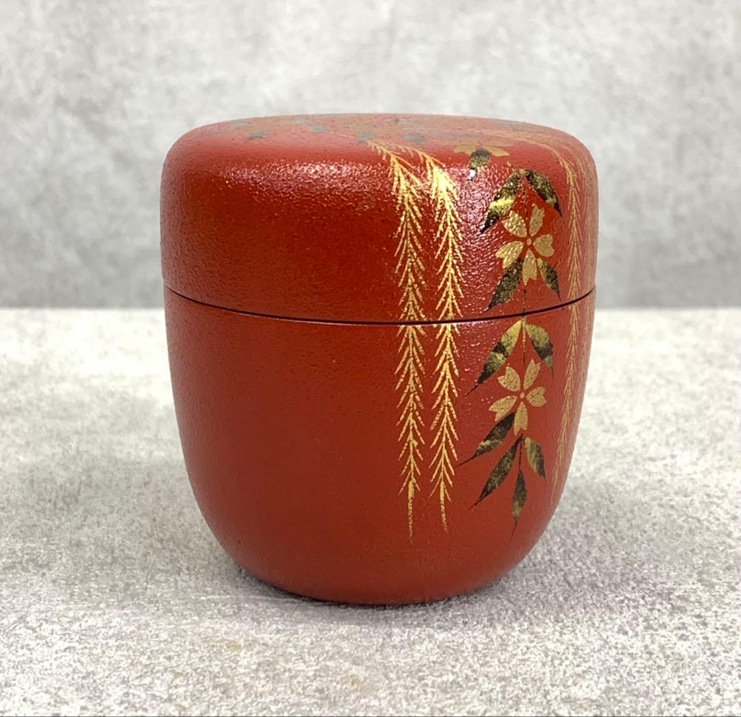 中棗 中村湖彩 しだれ桜 共箱 叩塗 蒔絵 赤 春 金 茶道具 茶の湯 B-8