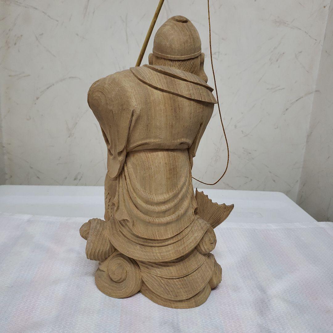 Ｂフライデー蔵出し特価縁起物七福神楠材恵比寿像えべっさん身丈23cm棹先34cm