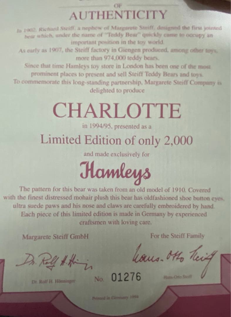 テディベア  チャロット 世界限定2000体　シュタイフ