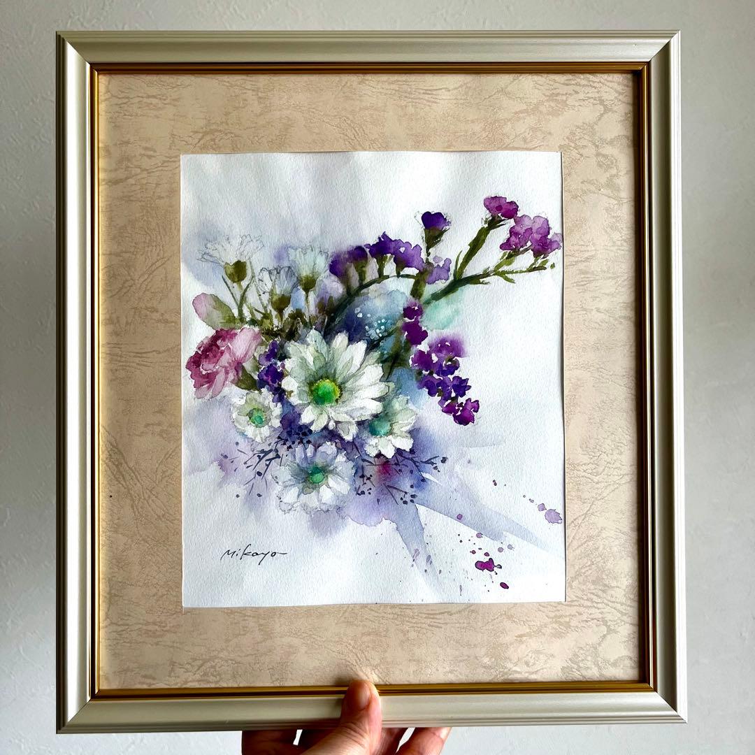 水彩画 原画 花 フラワー 井上美香代 真作 絵画 白菊 スターチス 浄化 開運