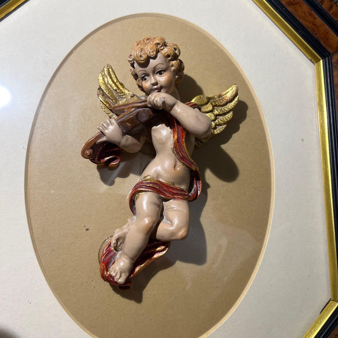 【ヴィンテージ 】バイオリンを弾く天使 立体像 天使 木製額