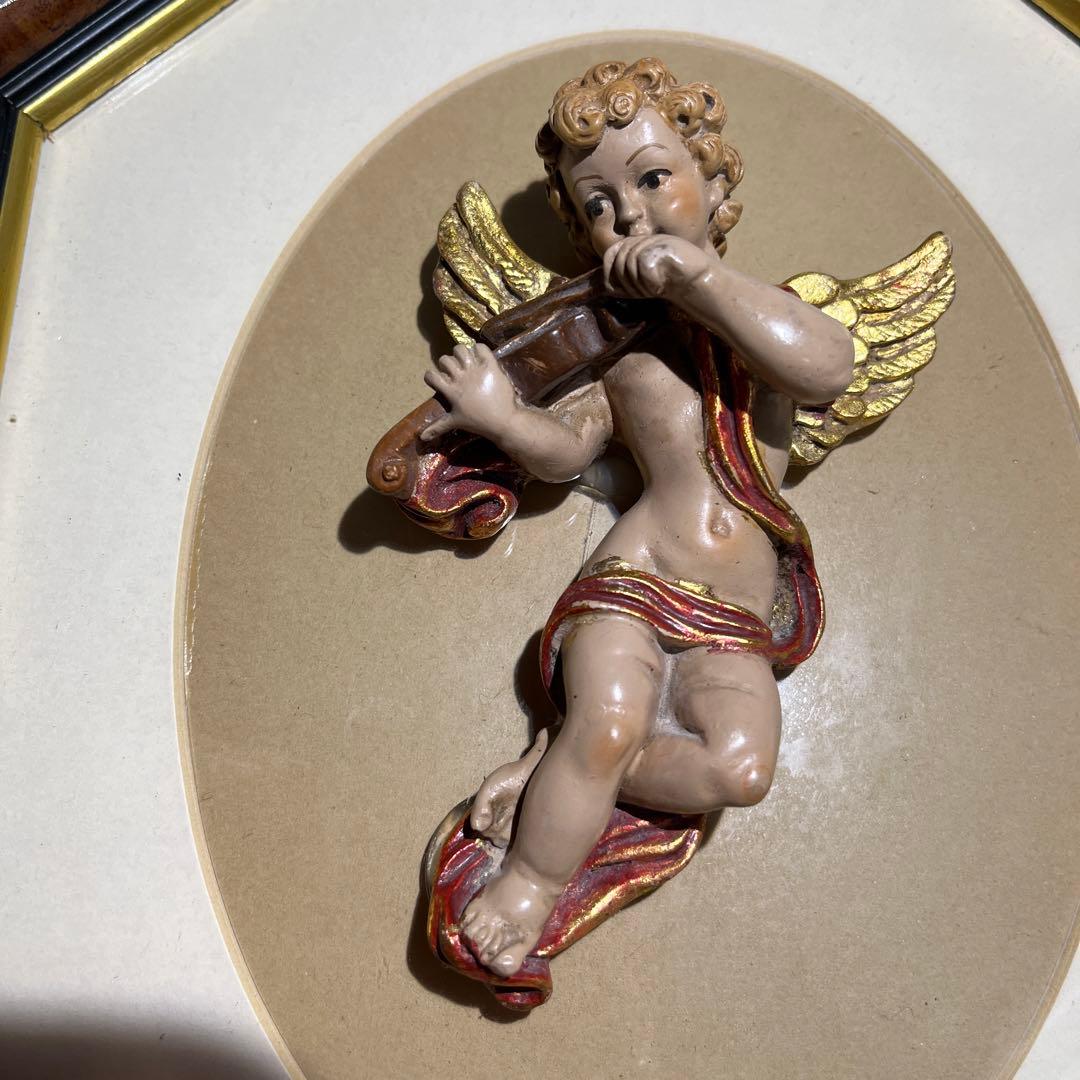 【ヴィンテージ 】バイオリンを弾く天使 立体像 天使 木製額