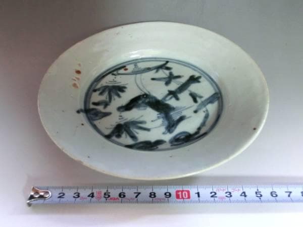 皿■染付 ホツ有り 古い中皿 砂高台 古玩 唐物 中国 古美術 時代物 骨董品■