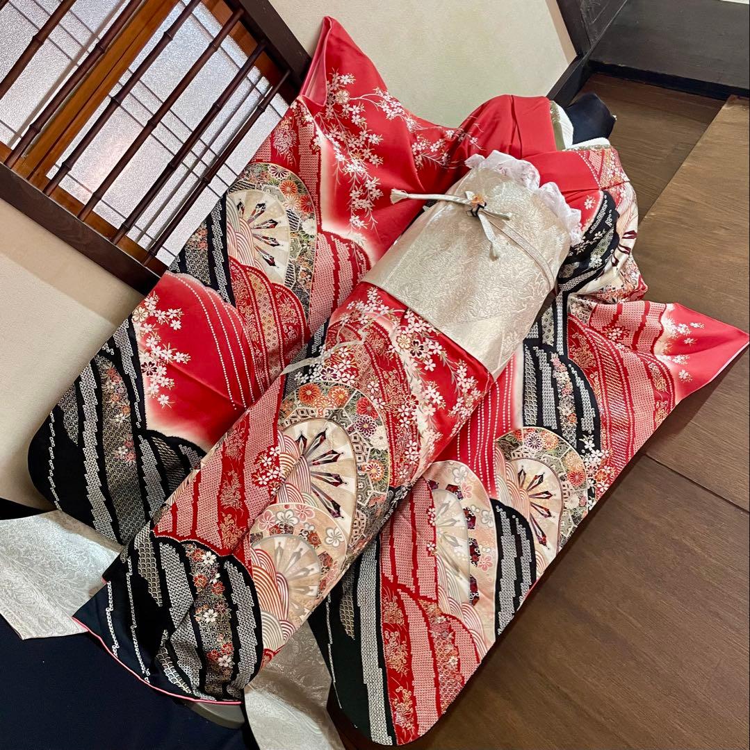 振袖 フルセット6点サイズM〜Ｌ駒刺繍　立波吉祥花文　暈し染め　金銀彩　正絹