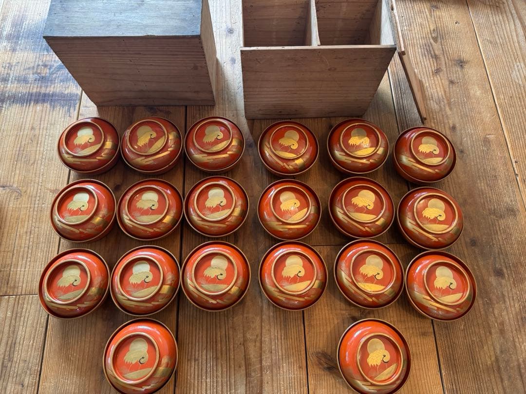 「明治〜大正 骨董 漆器 吸物椀 20客 ■華やか鶴蒔絵 ■箱付き ■送料込み」