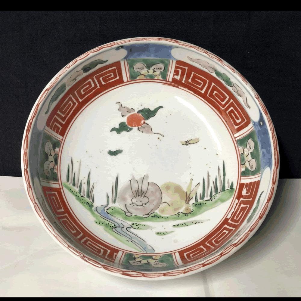 e1315 古伊万里 色絵 鉢 うさぎ 兎 二重高台 色絵鉢