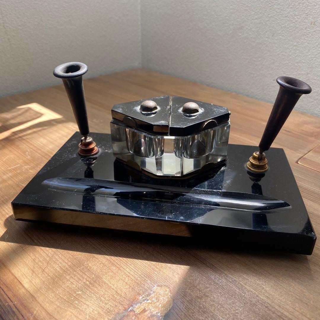 アンティーク　デスク　ペンホルダー インク壺 黒　インクポット　古道具