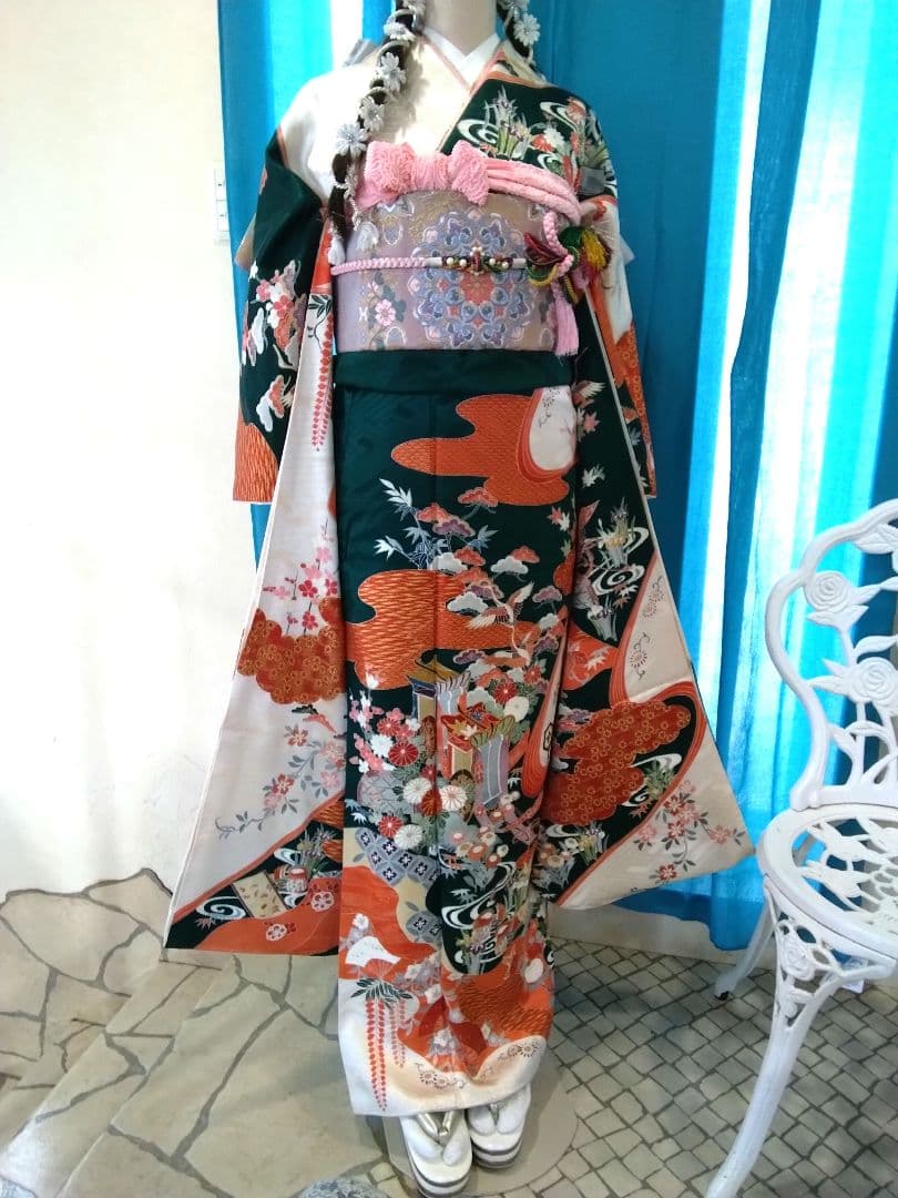 超お買得】振袖フルセット、正絹振袖成人式、重ね衿帯揚げ帯締め、西陣袋帯落款