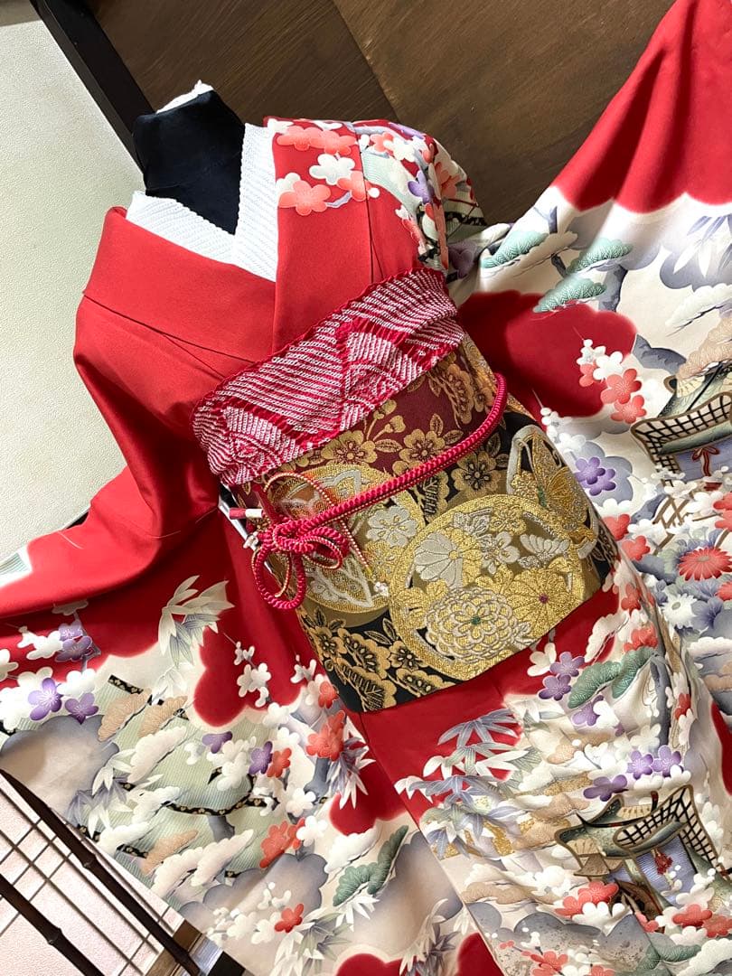 振袖フルセット6点サイズM〜Ｌサイズ御所車花文　松竹梅　暈し染め　金彩　正絹