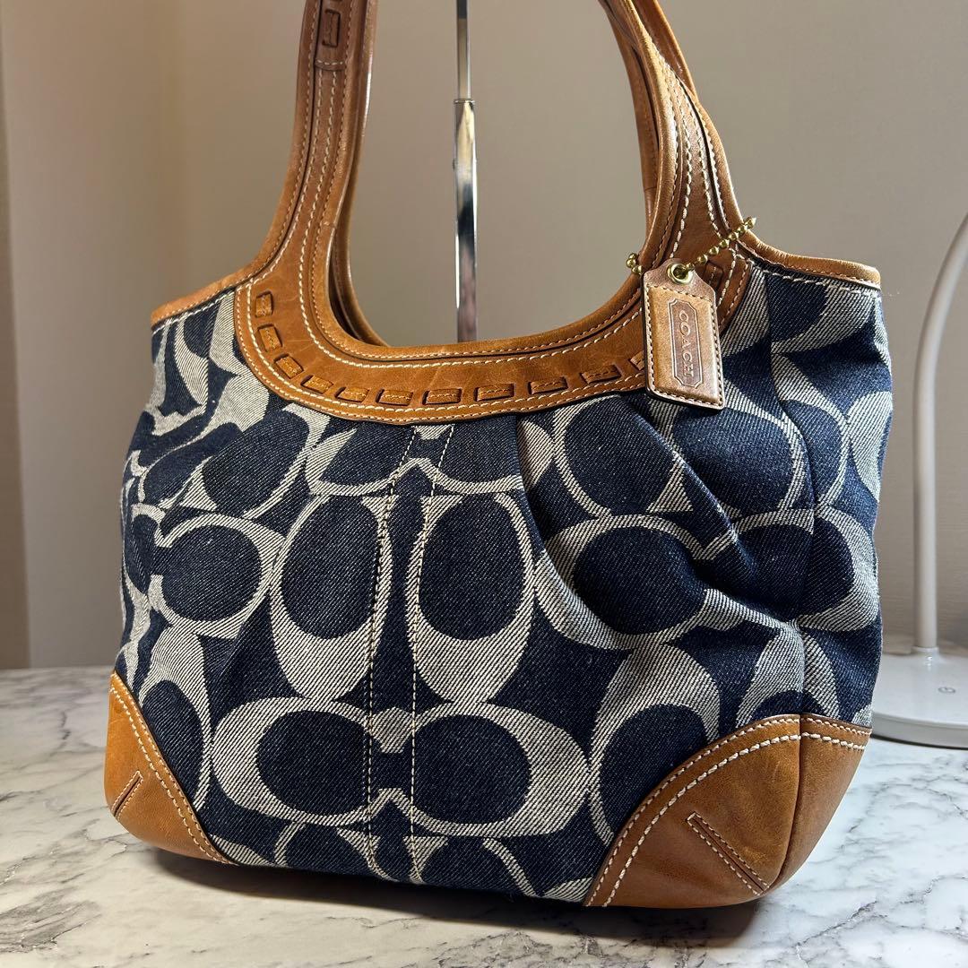 美品　COACH コーチ トートバッグ キャンバス シグネチャー デニム レザー