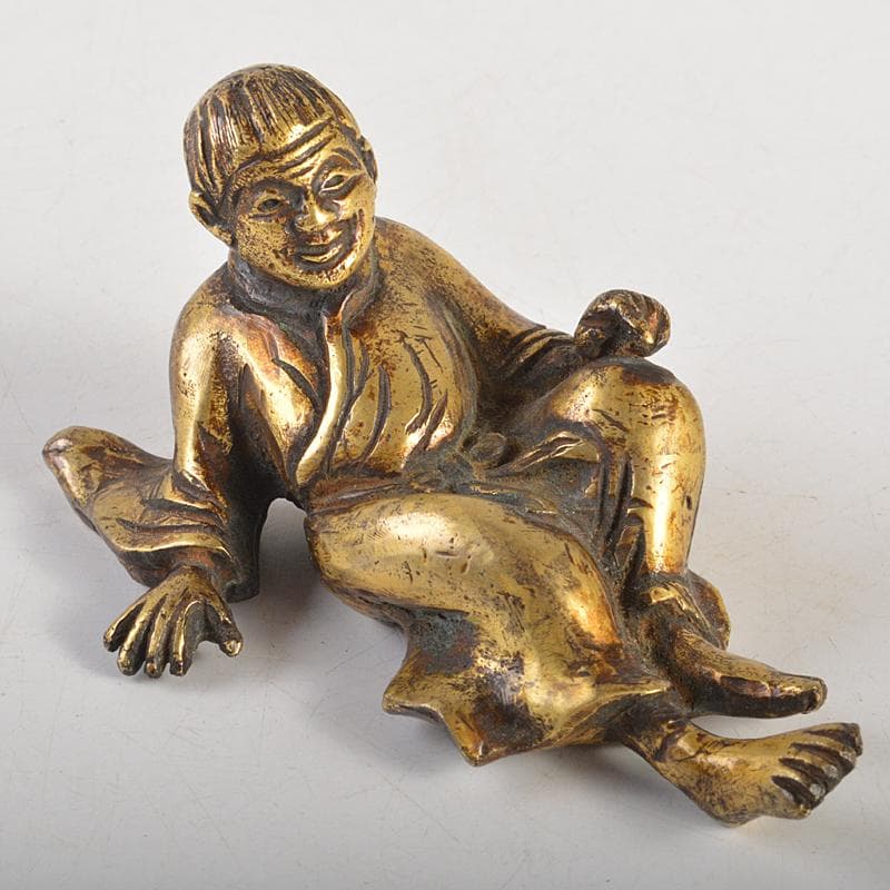 中国　古銅鍍金　人物像　達磨像　紙鎮　置物　M　R7465
