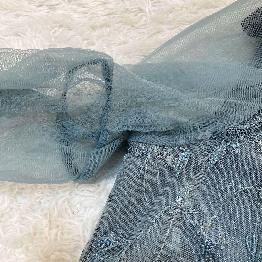 レジャ 花柄レーススパンコールハートカットドレス ロングワンピース M ブルー