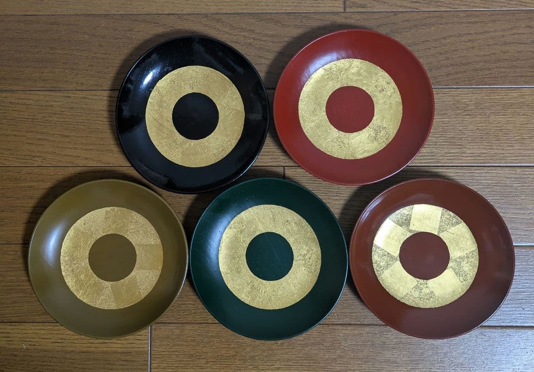 【未使用】野田行作 漆器 金箔文黒蛇の目銘々皿　5セット