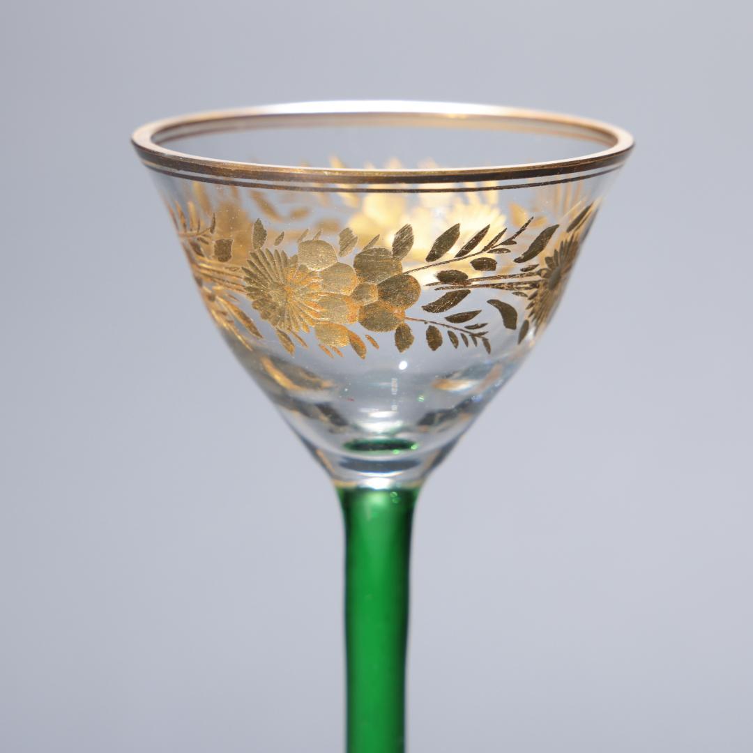 アンティークグラス　リキュールグラス　金彩に緑のステム　R1346ダI